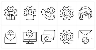A set of 10 Customer Support icons as support, calling support, information, contact helpline in black line color vector
