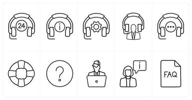 A set of 10 Customer Support icons as 24 customer care, call support, contact helpline in black line color vector