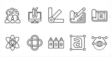 A set of 10 design and creativity icons as creative idea, custom design, color palette in black line color vector
