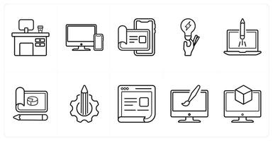 A set of 10 design and creativity icons as office desc, responsive, user details in black line color vector