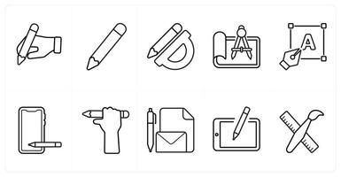 A set of 10 design and creativity icons as writing, pencil, geometry in black line color vector