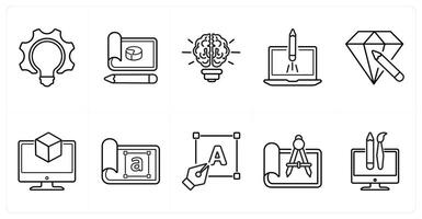 A set of 10 design and creativity icons as bulb, idea, website launch in black line color vector