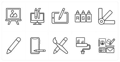 A set of 10 design and creativity icons as painting, custom design, sketch in black line color vector