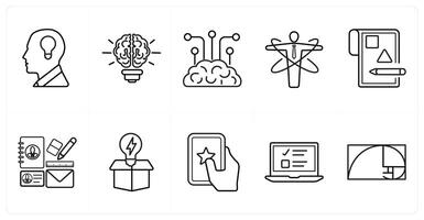 A set of 10 design and creativity icons as creativity, idea, brain solution in black line color vector