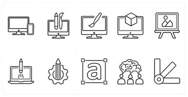 A set of 10 design and creativity icons as responsive, custom design, 3d in black line color vector