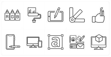 A set of 10 design and creativity icons as rgb, brush, sketch in black line color vector
