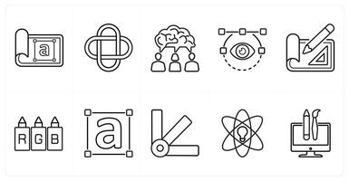 A set of 10 design and creativity icons as style, logo, creative idea in black line color vector