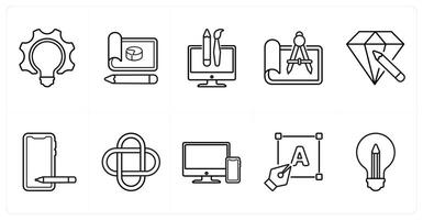 A set of 10 design and creativity icons as bulb, design, custom design in black line color vector