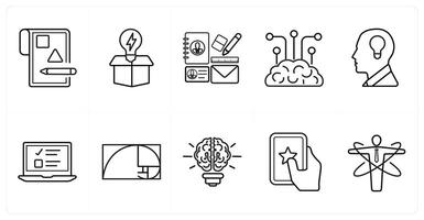 A set of 10 design and creativity icons as design layout, box, design kit in black line color vector