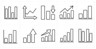 A set of 10 Diagrams and Reports icons as growth, profit, loss in black line color vector