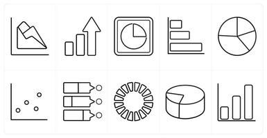 A set of 10 Diagrams and Reports icons as chart, growth chart, pie chart in black line color vector
