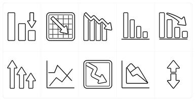 A set of 10 Diagrams and Reports icons as loss, stock market loss, business loss in black line color vector