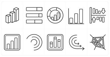 A set of 10 Diagrams and Reports icons as bar, growth bars, analysis in black line color vector