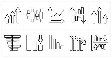 A set of 10 Diagrams and Reports icons as growth, intervals, profit in black line color vector