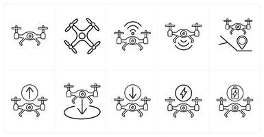 A set of 10 Drone icons as drone, drone wifi, drone signal in black line color vector