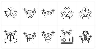 A set of 10 Drone icons as drone wifi, drone signal, drone in black line color vector