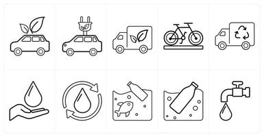 A set of 10 Ecology icons as eco car, electric car, garbage van in black line color vector