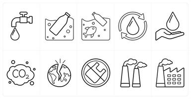A set of 10 Ecology icons as save water, recycled bottle, save ocean in black line color vector