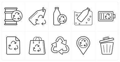 A set of 10 Ecology icons as recycled can, recycled tag, recycle bottle in black line color vector
