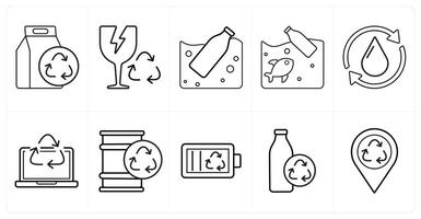 A set of 10 Ecology icons as garbage, garbage glass, recycled bottle in black line color vector