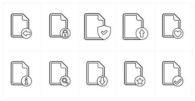 A set of 10 file icons as received file, file security, secublack document in black line color vector