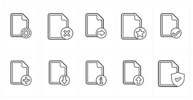 A set of 10 file icons as file setting, wrong, send file in black line color vector
