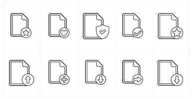 A set of 10 file icons as star file, favorite file, secublack document in black line color vector