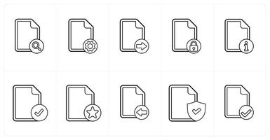 A set of 10 file icons as search file, file setting, send file in black line color vector
