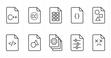 A set of 10 File icons as code, license, programming in black line color vector