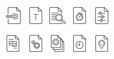 A set of 10 File icons as keywork, document file, data search in black line color vector