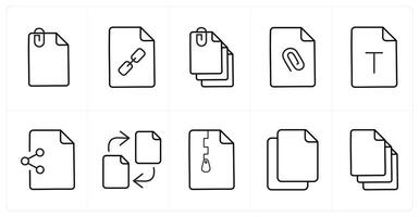 A set of 10 File icons as attachment, link, attached in black line color vector