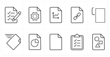 A set of 10 File icons as list, settings, graph in black line color vector