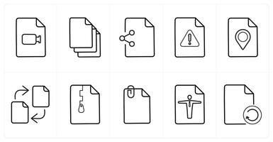 A set of 10 File icons as file, multiple file, share in black line color vector