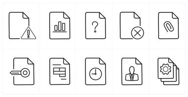 A set of 10 File icons as maintenance, graph, question in black line color vector