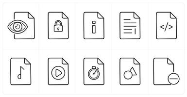 A set of 10 File icons as view document, security, information in black line color vector