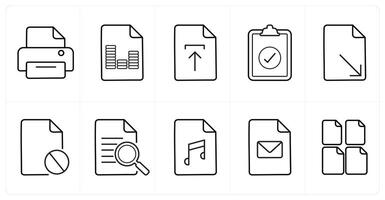 A set of 10 File icons as print, article, upload in black line color vector