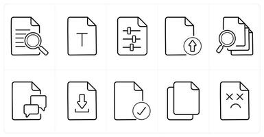 A set of 10 File icons as data search, document file, configuration in black line color vector