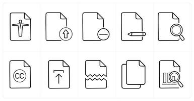 A set of 10 File icons as account, upload, remove in black line color vector