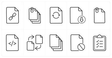 A set of 10 File icons as link, attached file, update in black line color vector