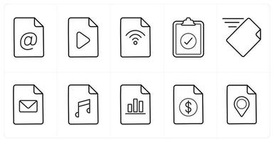 A set of 10 File icons as email, , wifi in black line color vector