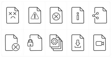 A set of 10 File icons as missing page, error file, delete in black line color vector