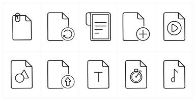 A set of 10 File icons as attachment, update, text document in black line color vector