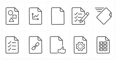 A set of 10 File icons as project document, graph, document in black line color vector