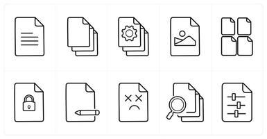 A set of 10 File icons as content, multiple files, file optimization in black line color vector