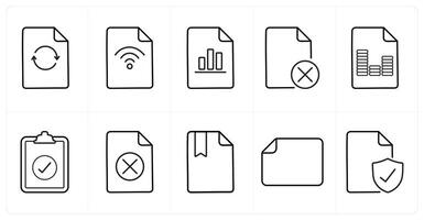 A set of 10 File icons as update, wifi, graph in black line color vector