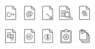 A set of 10 File icons as code, email, download in black line color vector