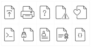 A set of 10 File icons as upload, print, question in black line color vector