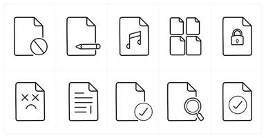 A set of 10 File icons as delete, edit, music file in black line color vector