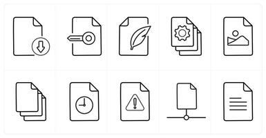 A set of 10 File icons as download, keywork, compose in black line color vector