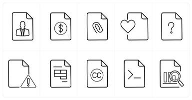 A set of 10 File icons as resume, invoice, attached file in black line color vector